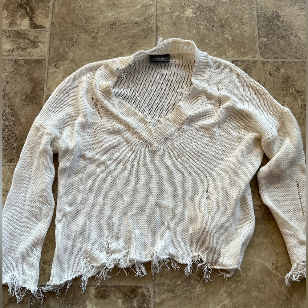 Wooden Ship sweater, distressed look, size small/medium.